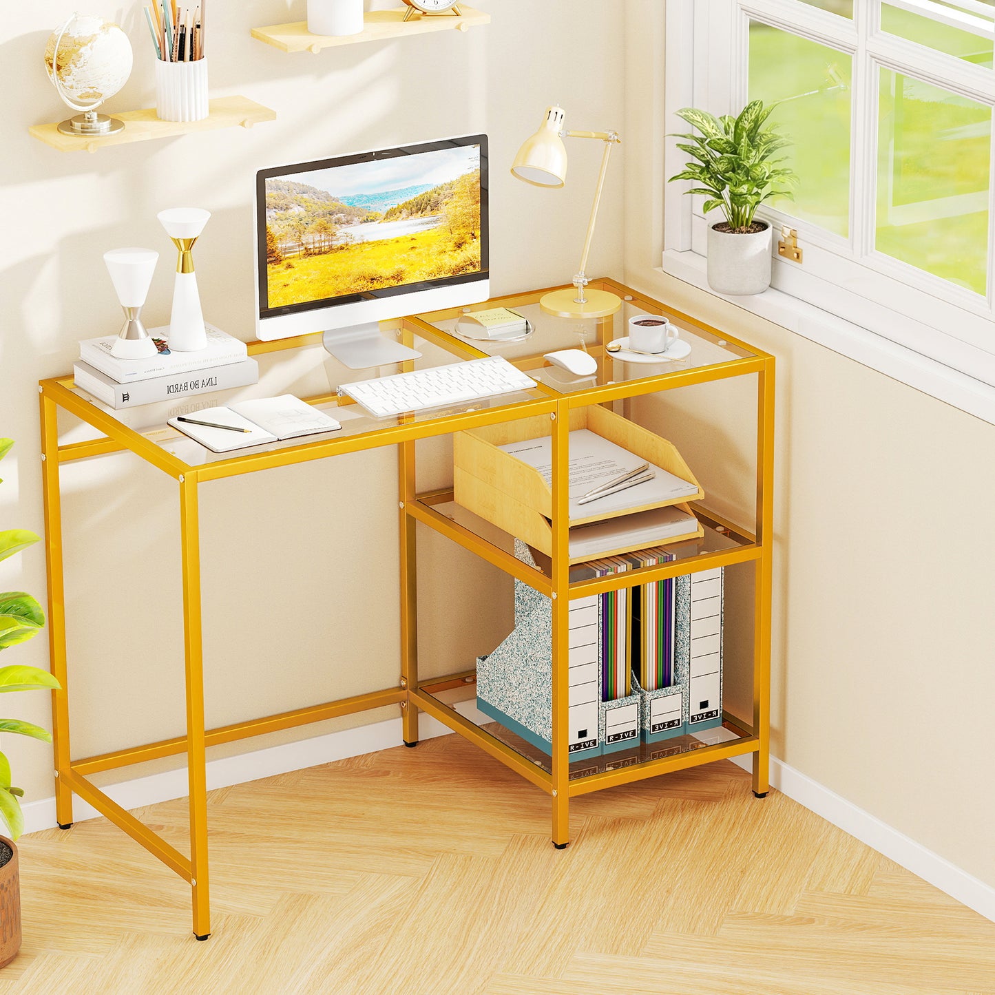 Modern Console Table, 2 Open Shelves, Metal Frame, Golden Console Tables at Gallery Canada