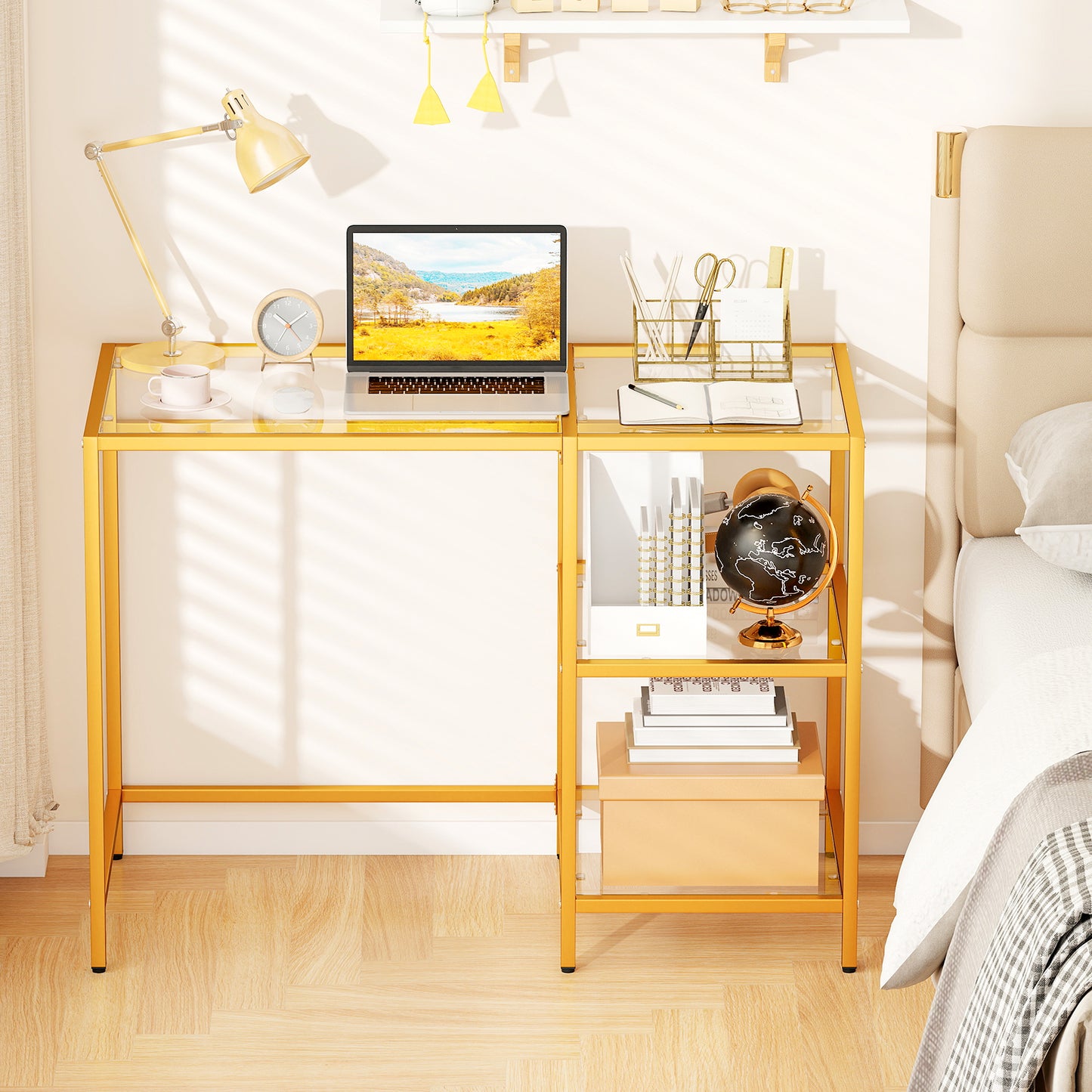 Modern Console Table, 2 Open Shelves, Metal Frame, Golden Console Tables at Gallery Canada
