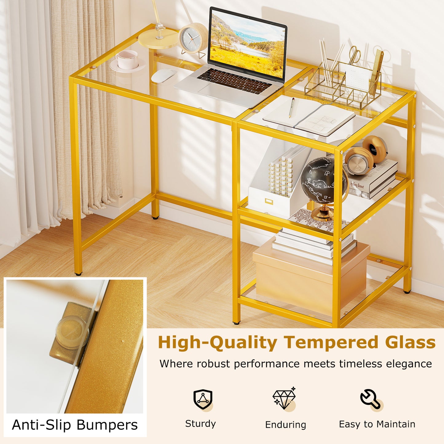 Modern Console Table, 2 Open Shelves, Metal Frame, Golden Console Tables at Gallery Canada