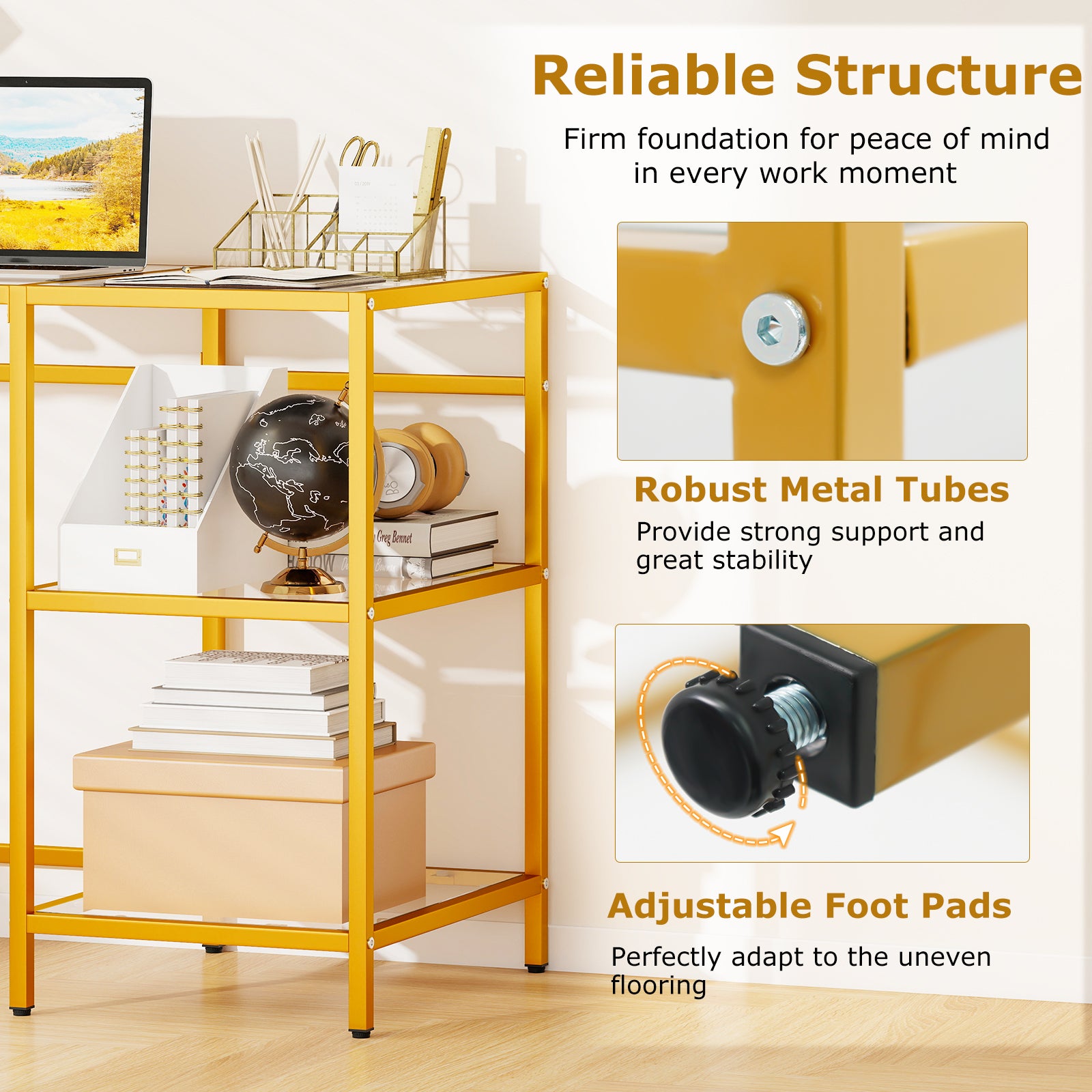 Modern Console Table, 2 Open Shelves, Metal Frame, Golden Console Tables at Gallery Canada