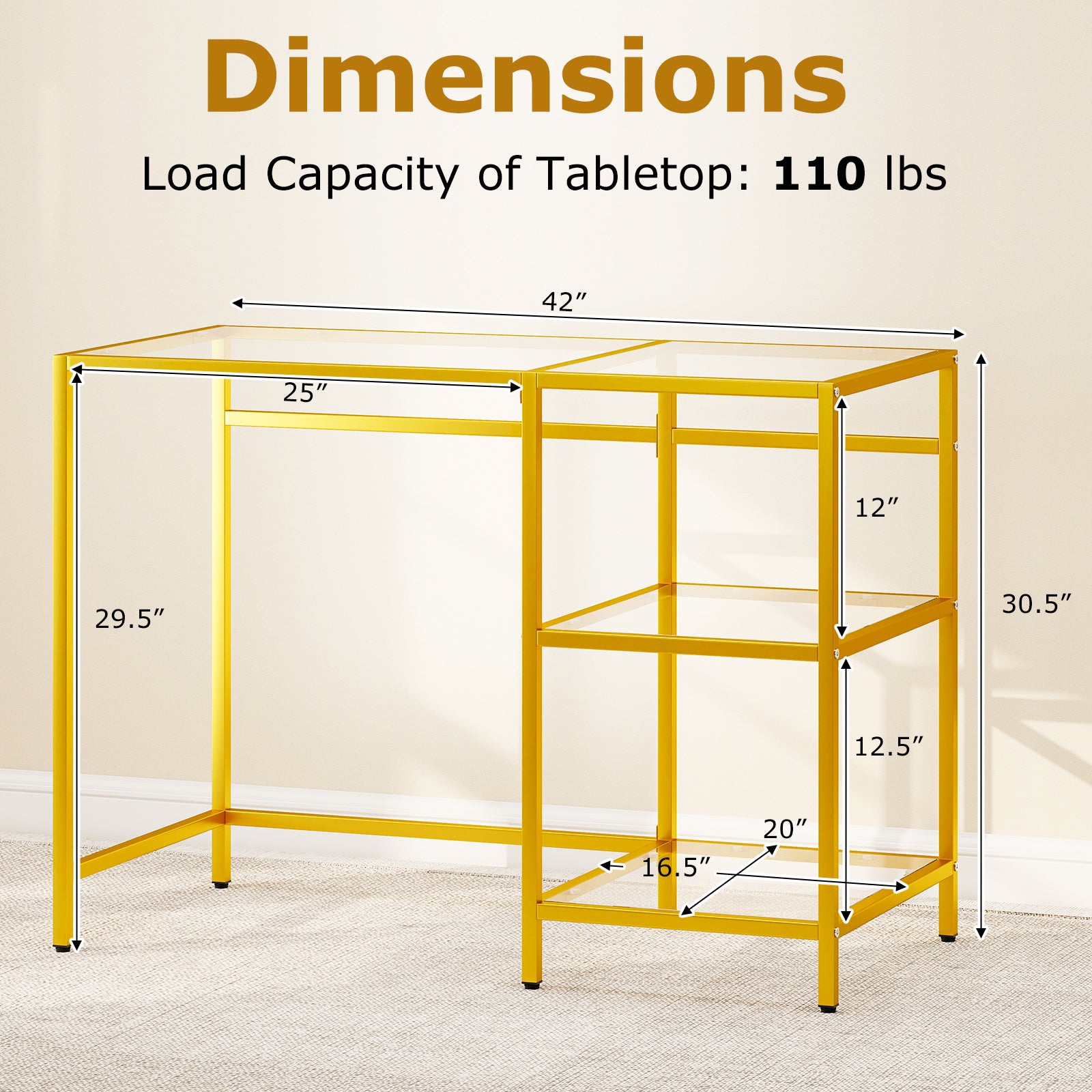 Modern Console Table, 2 Open Shelves, Metal Frame, Golden Console Tables at Gallery Canada