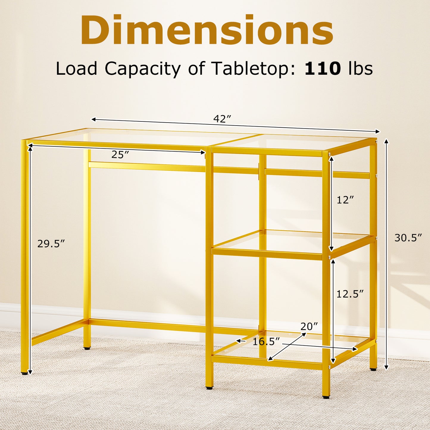 Modern Console Table, 2 Open Shelves, Metal Frame, Golden Console Tables at Gallery Canada