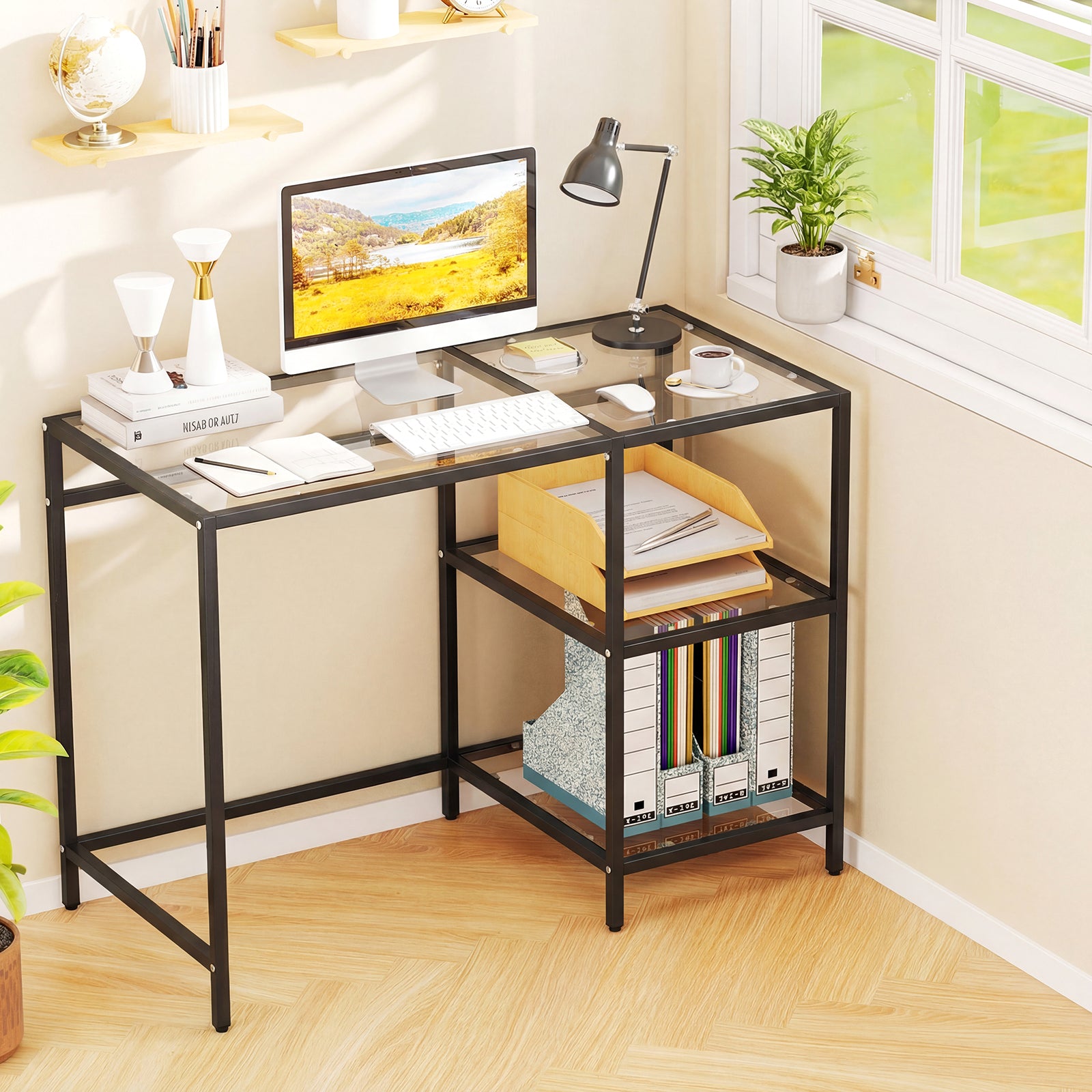 Modern Console Table, 2 Open Shelves, Metal Frame, Black Writing Desks at Gallery Canada