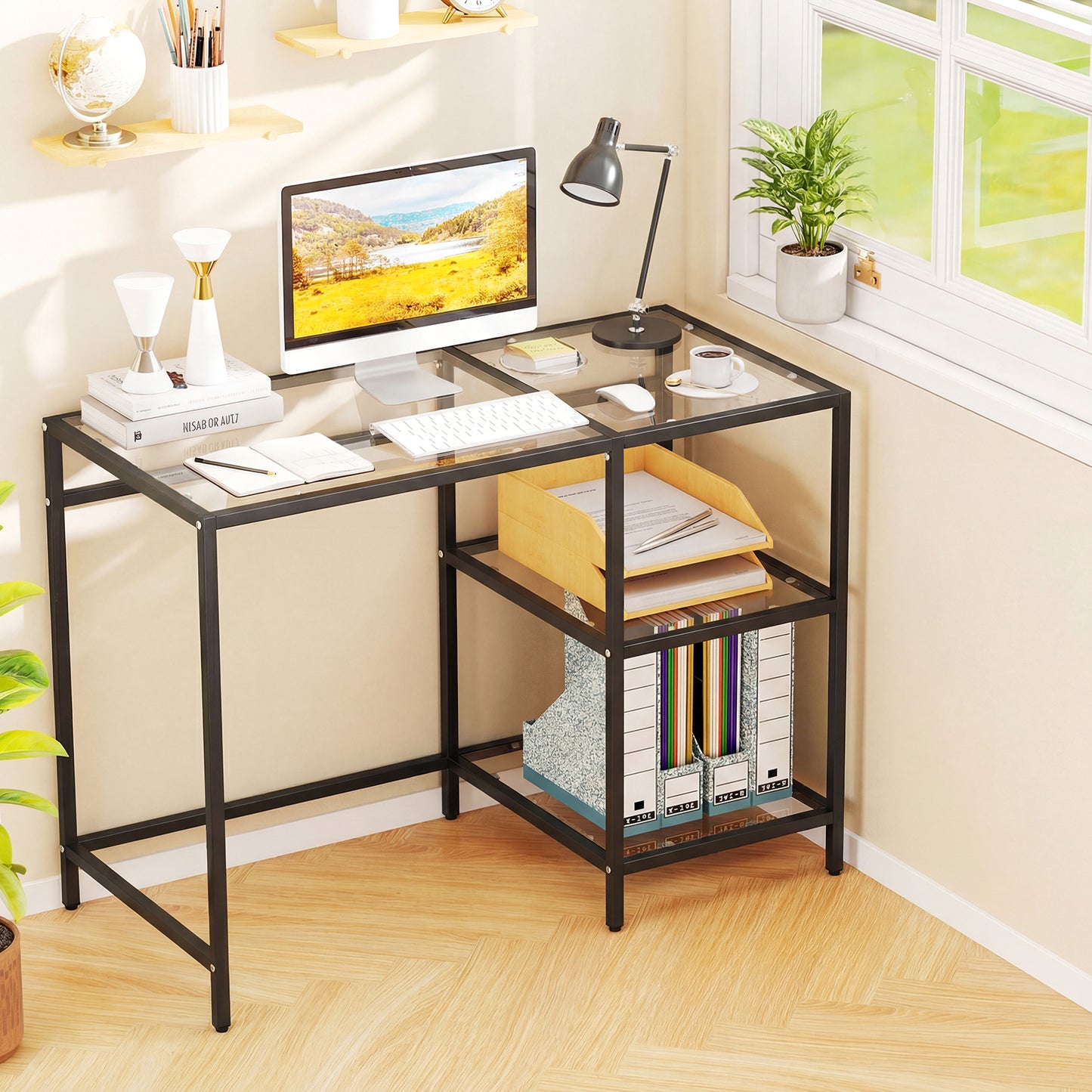 Modern Console Table, 2 Open Shelves, Metal Frame, Black Writing Desks at Gallery Canada