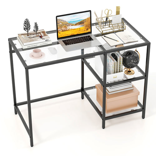Modern Console Table, 2 Open Shelves, Metal Frame, Black