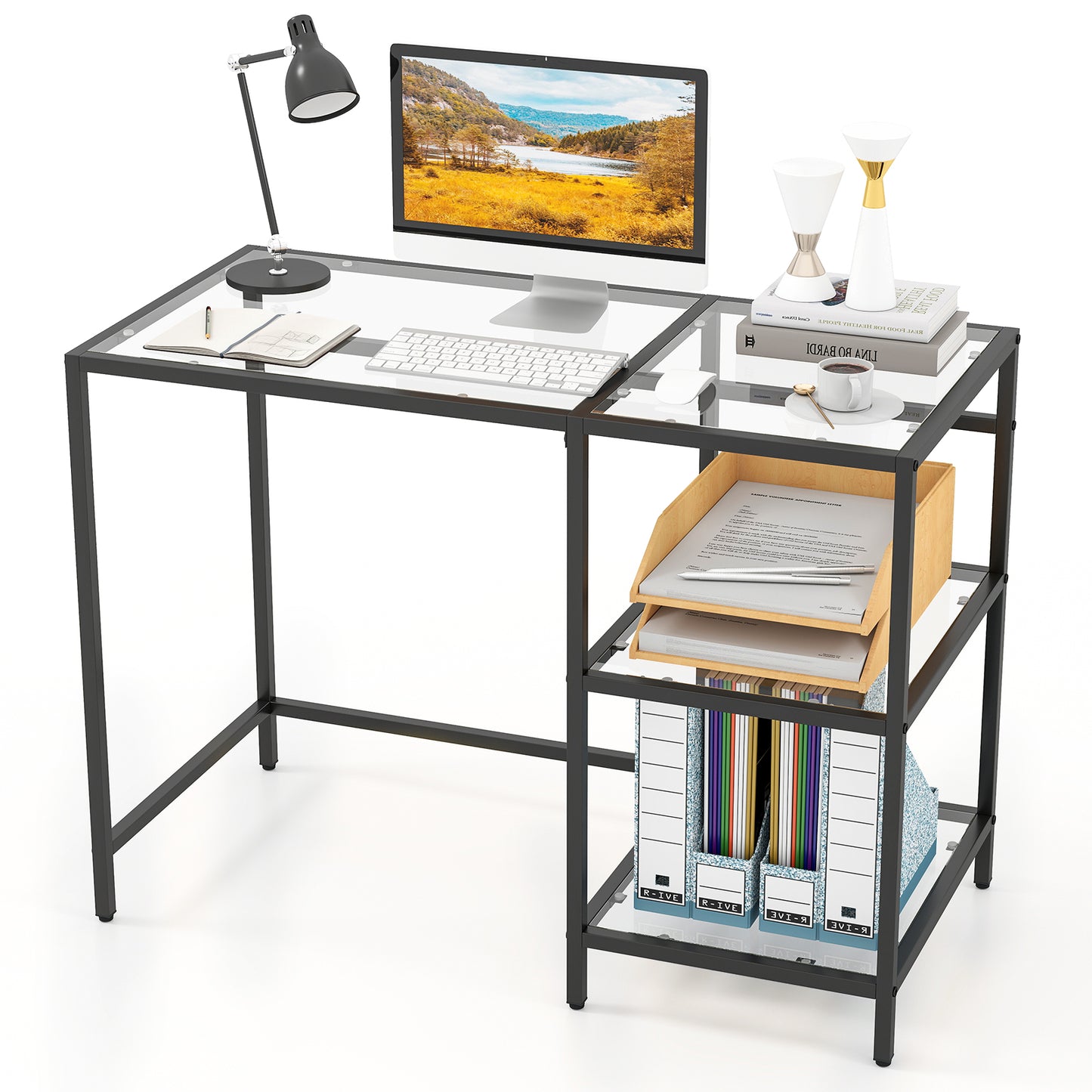 Modern Console Table, 2 Open Shelves, Metal Frame, Black Writing Desks at Gallery Canada