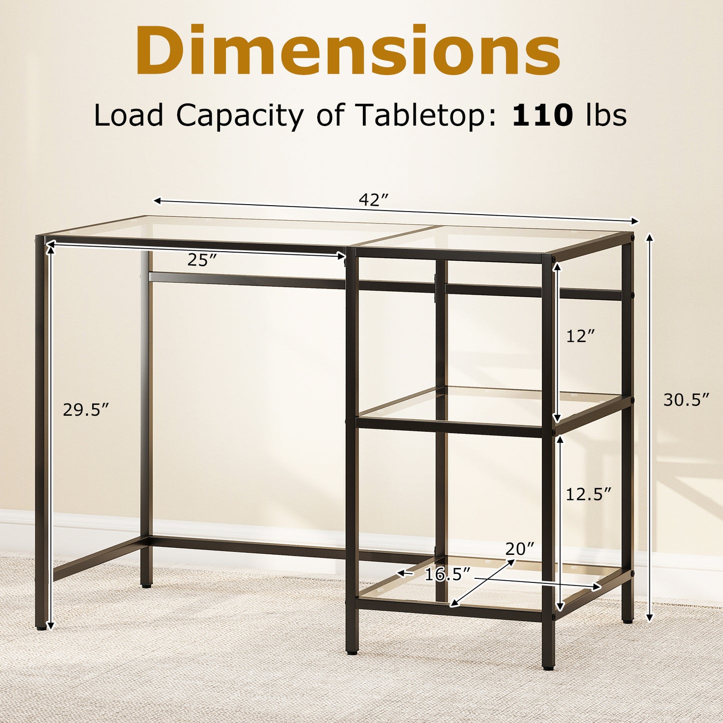 Modern Console Table, 2 Open Shelves, Metal Frame, Black Writing Desks at Gallery Canada
