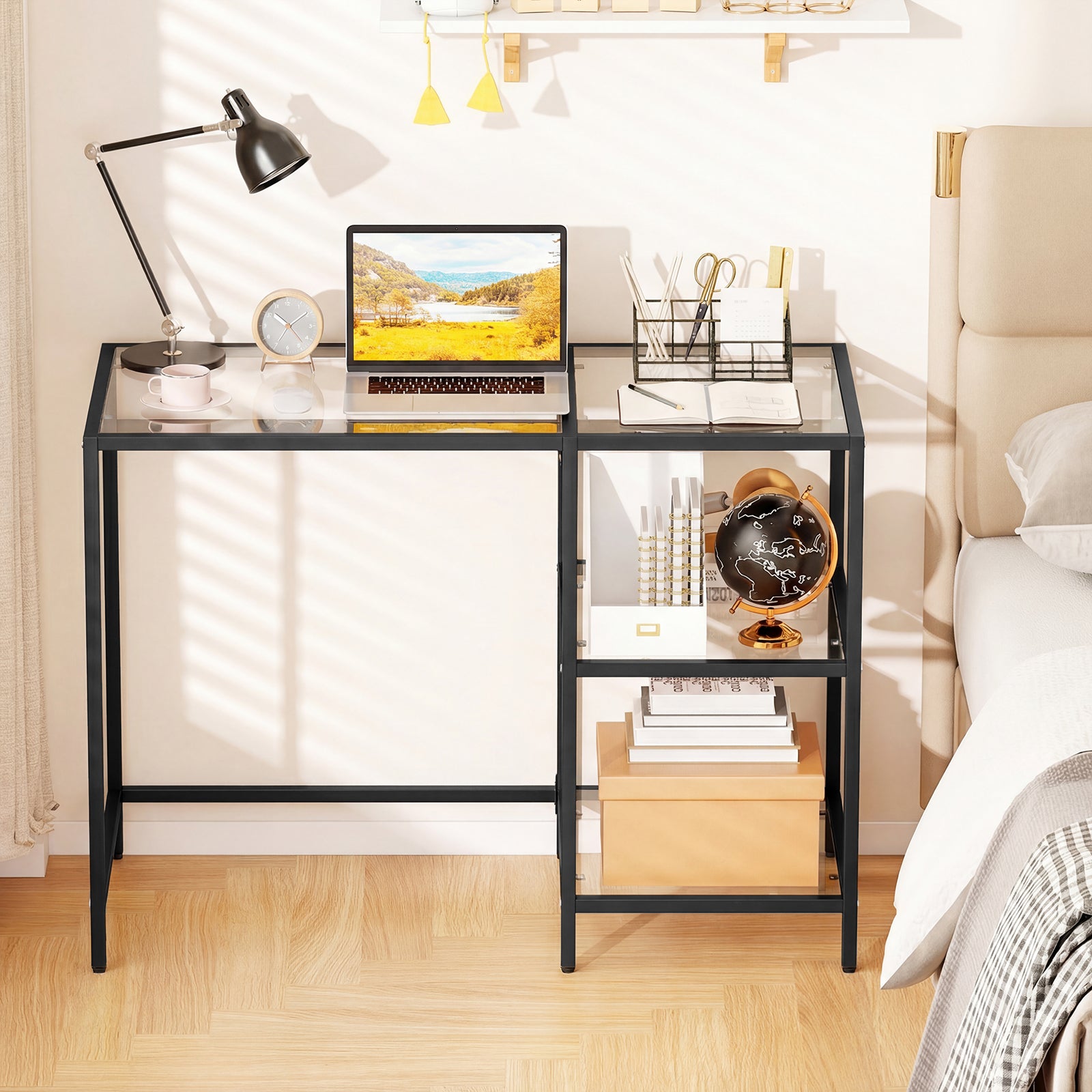 Modern Console Table, 2 Open Shelves, Metal Frame, Black Writing Desks at Gallery Canada