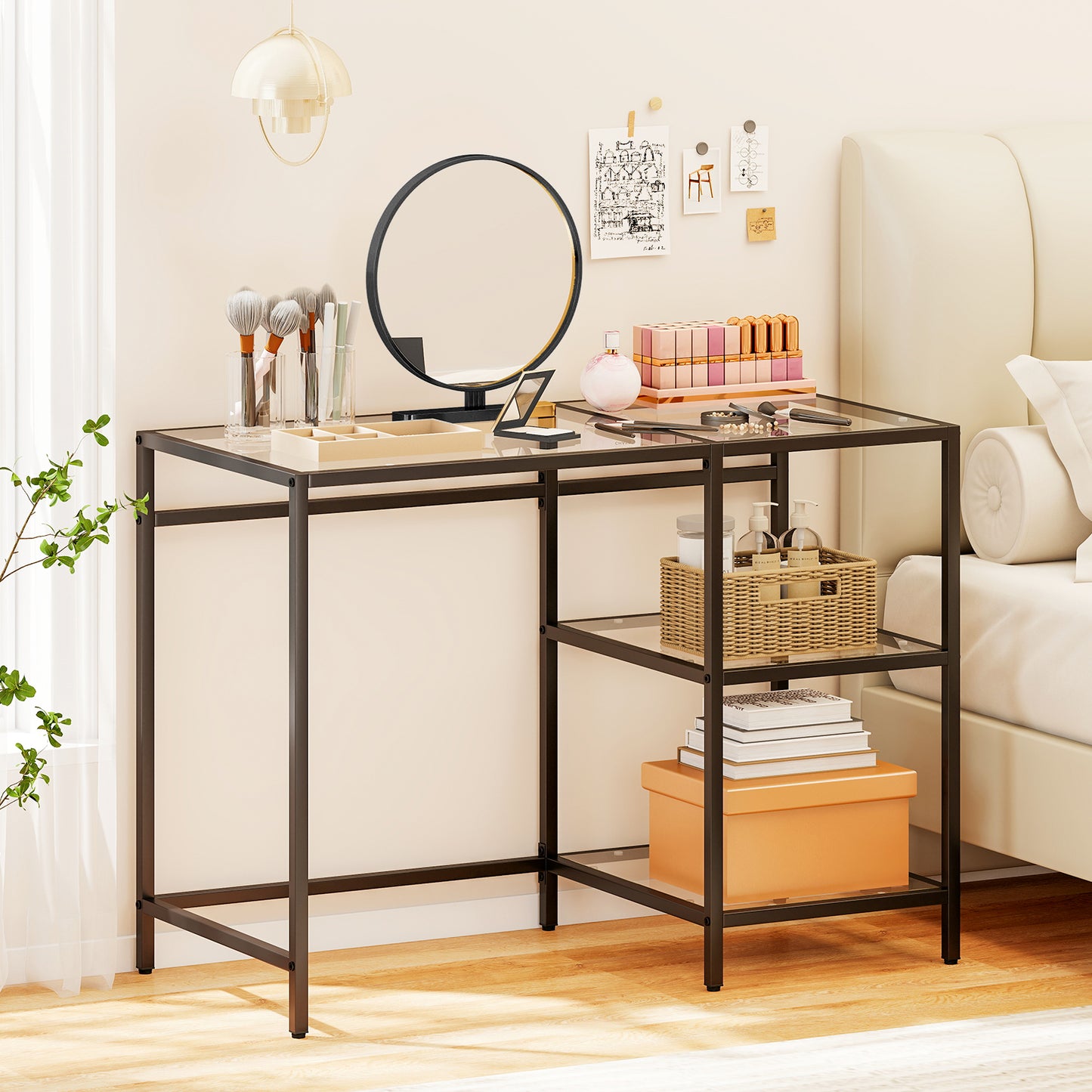 Modern Console Table, 2 Open Shelves, Metal Frame, Black Writing Desks at Gallery Canada