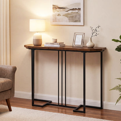 Modern Narrow Console Table, Metal Legs, Rustic Brown