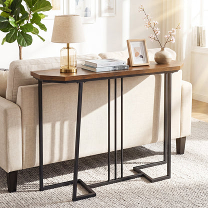 Modern Narrow Console Table, Metal Legs, Rustic Brown