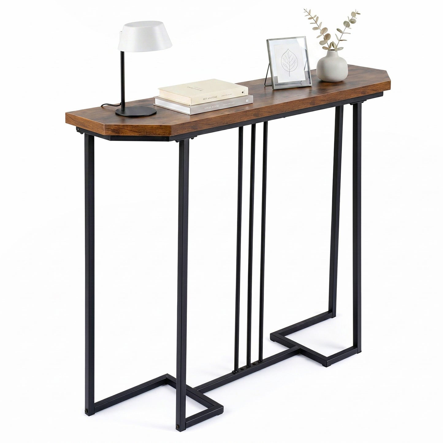 Modern Narrow Console Table, Metal Legs, Rustic Brown