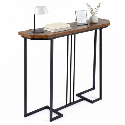 Modern Narrow Console Table, Metal Legs, Rustic Brown