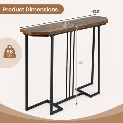Modern Narrow Console Table, Metal Legs, Rustic Brown