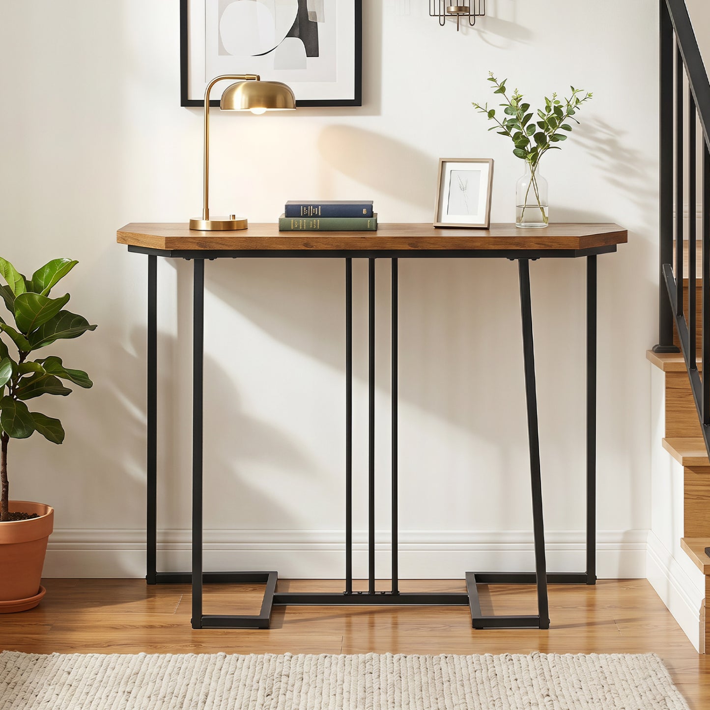 Modern Narrow Console Table, Metal Legs, Rustic Brown
