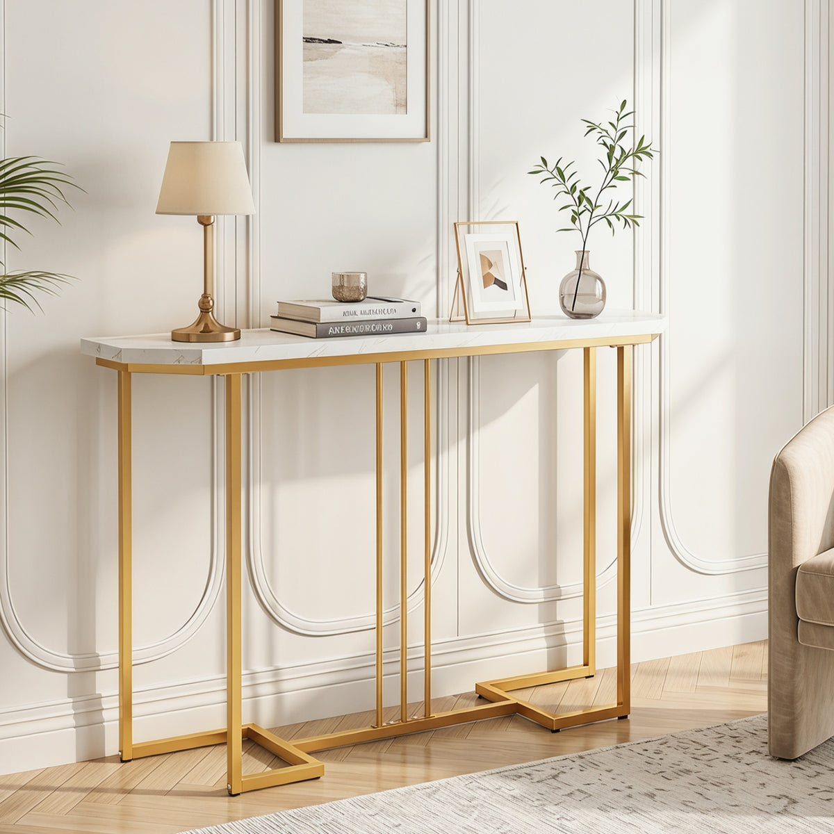 Table console moderne, table d'entrée étroite, blanc