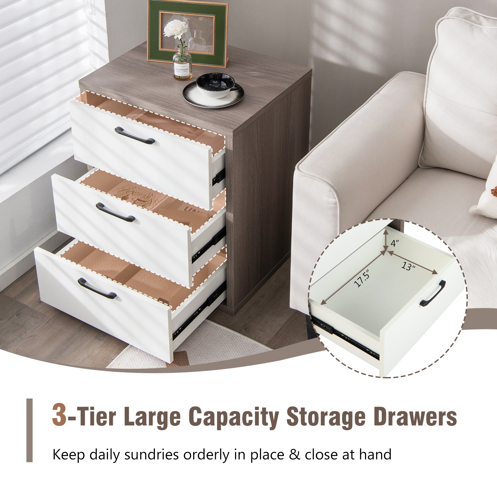 Modern Dresser Nightstand with 3 Slide-Out Drawers, Gray & White Dressers & Chests at Gallery Canada