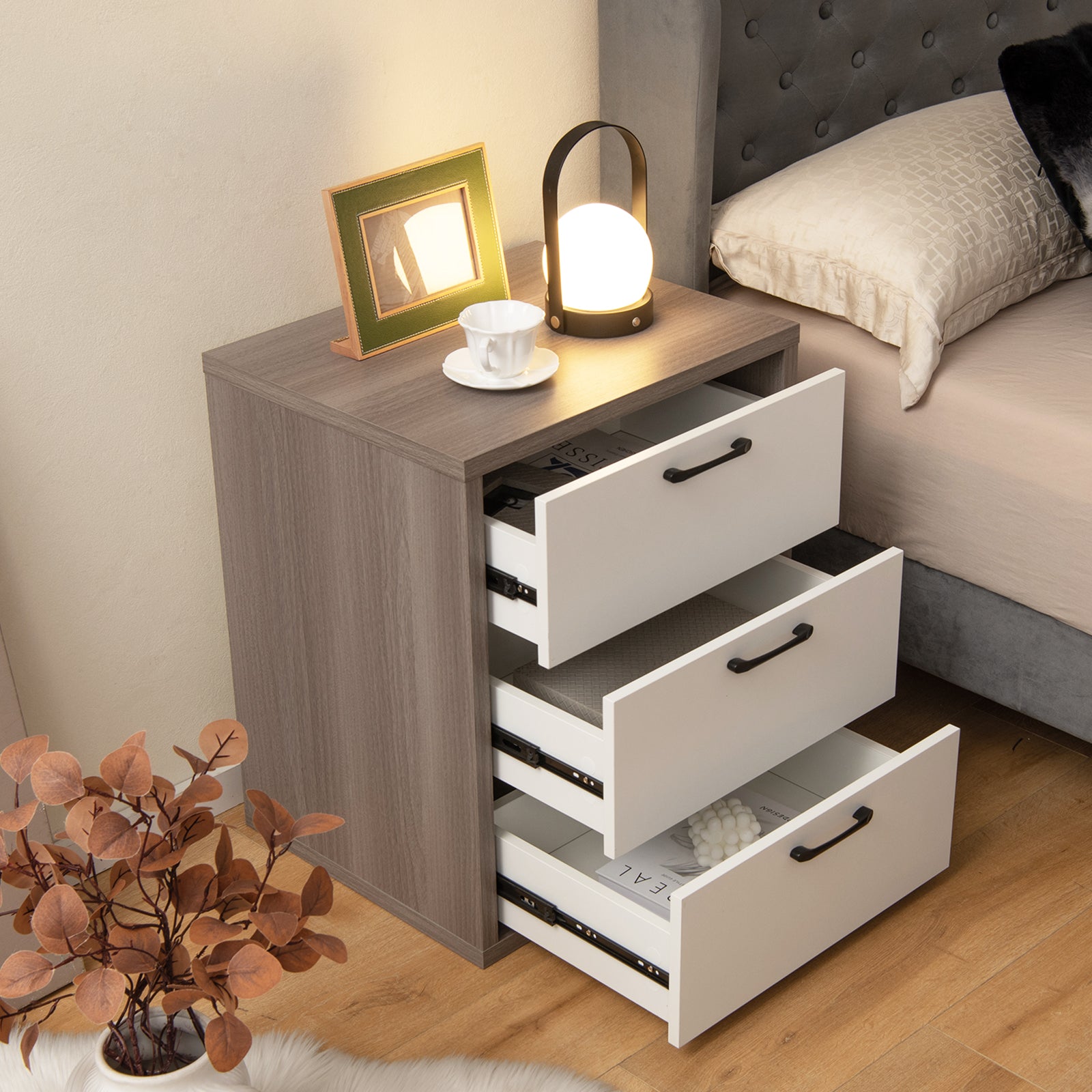 Modern Dresser Nightstand with 3 Slide-Out Drawers, Gray & White Dressers & Chests at Gallery Canada