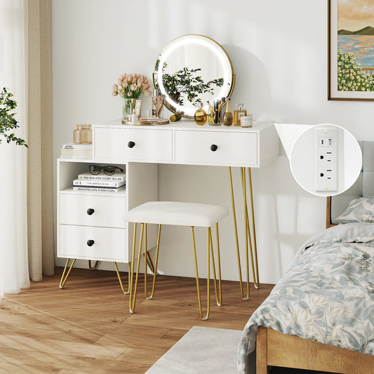 Modern Dressing Table with Storage Cabinet-Off white, Off White Makeup Vanities Off White at Gallery Canada