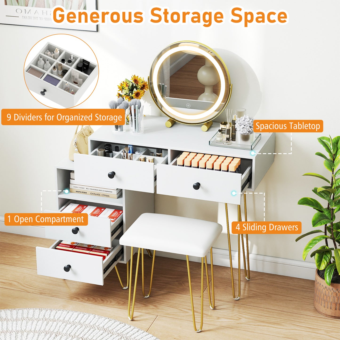 Modern Dressing Table with Storage Cabinet-Off white, Off White Makeup Vanities at Gallery Canada