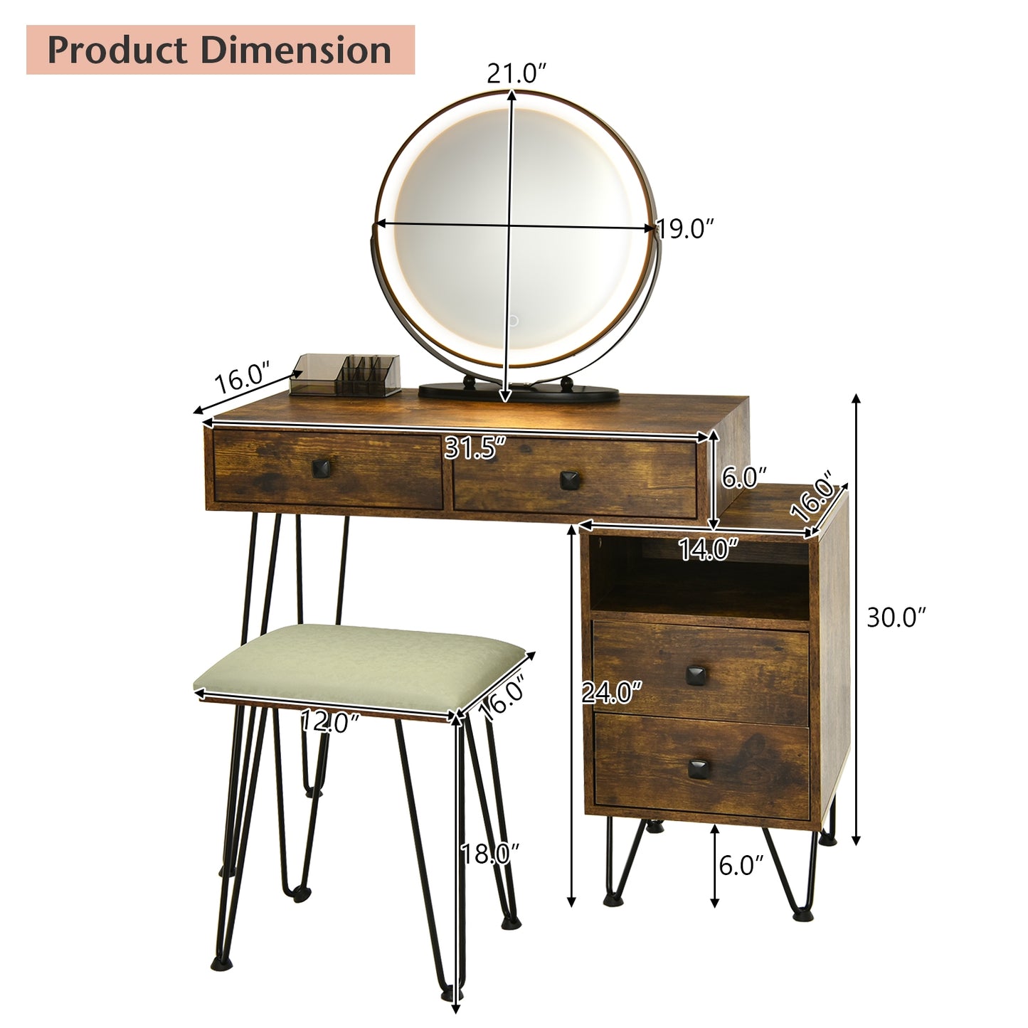 Modern Dressing Table With Storage Cabinet, Rustic Brown Makeup Vanities at Gallery Canada