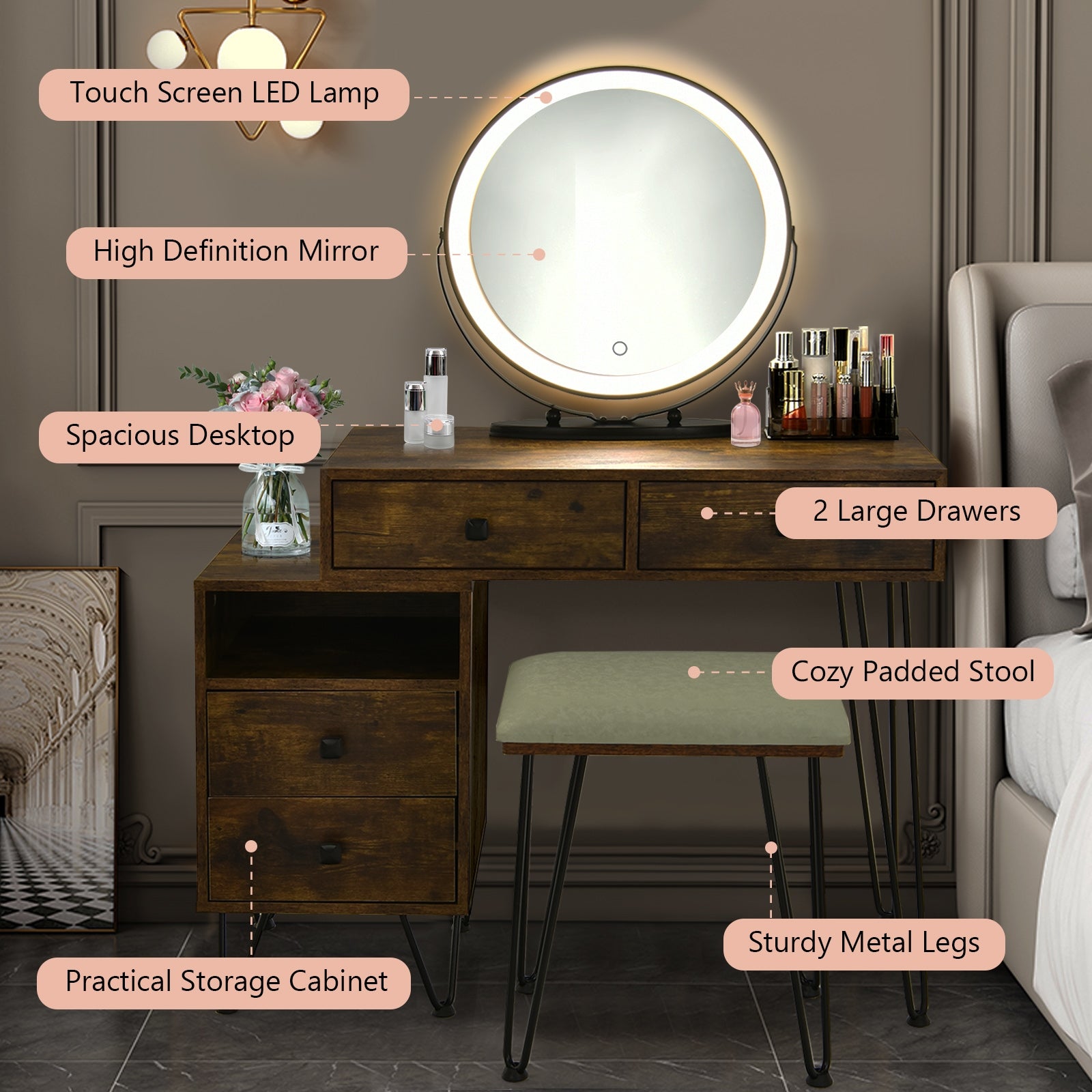 Modern Dressing Table With Storage Cabinet, Rustic Brown Makeup Vanities at Gallery Canada