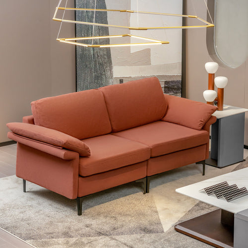Modern Fabric Loveseat Sofa, Metal Legs, Armrest Pillows, Rust