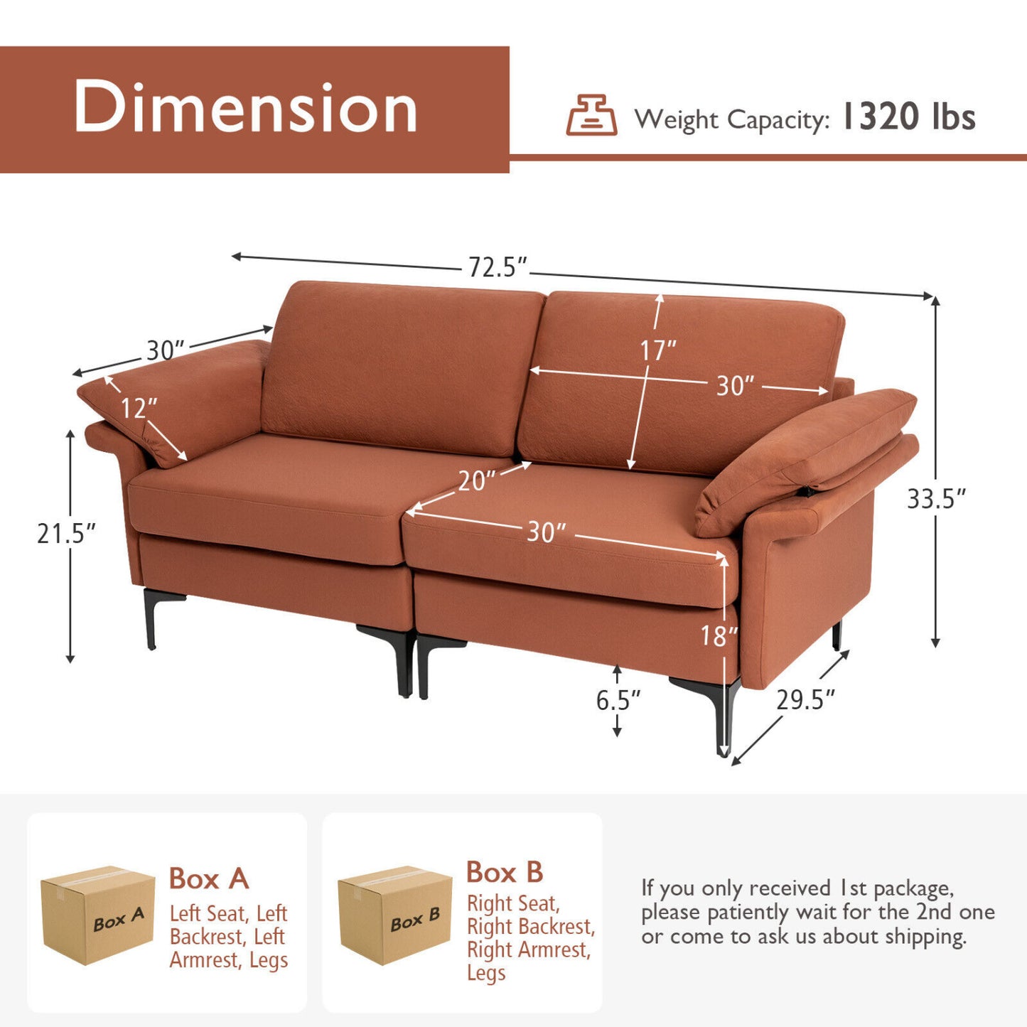 Modern Fabric Loveseat Sofa, Metal Legs, Armrest Pillows, Rust Sofas & Loveseats at Gallery Canada