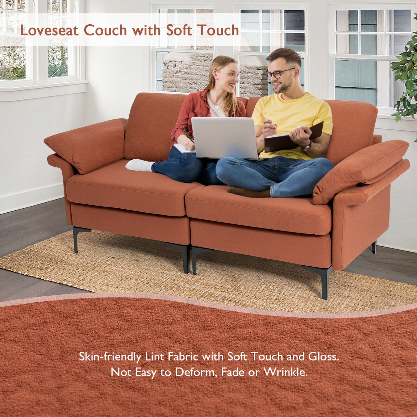 Modern Fabric Loveseat Sofa, Metal Legs, Armrest Pillows, Rust Sofas & Loveseats at Gallery Canada