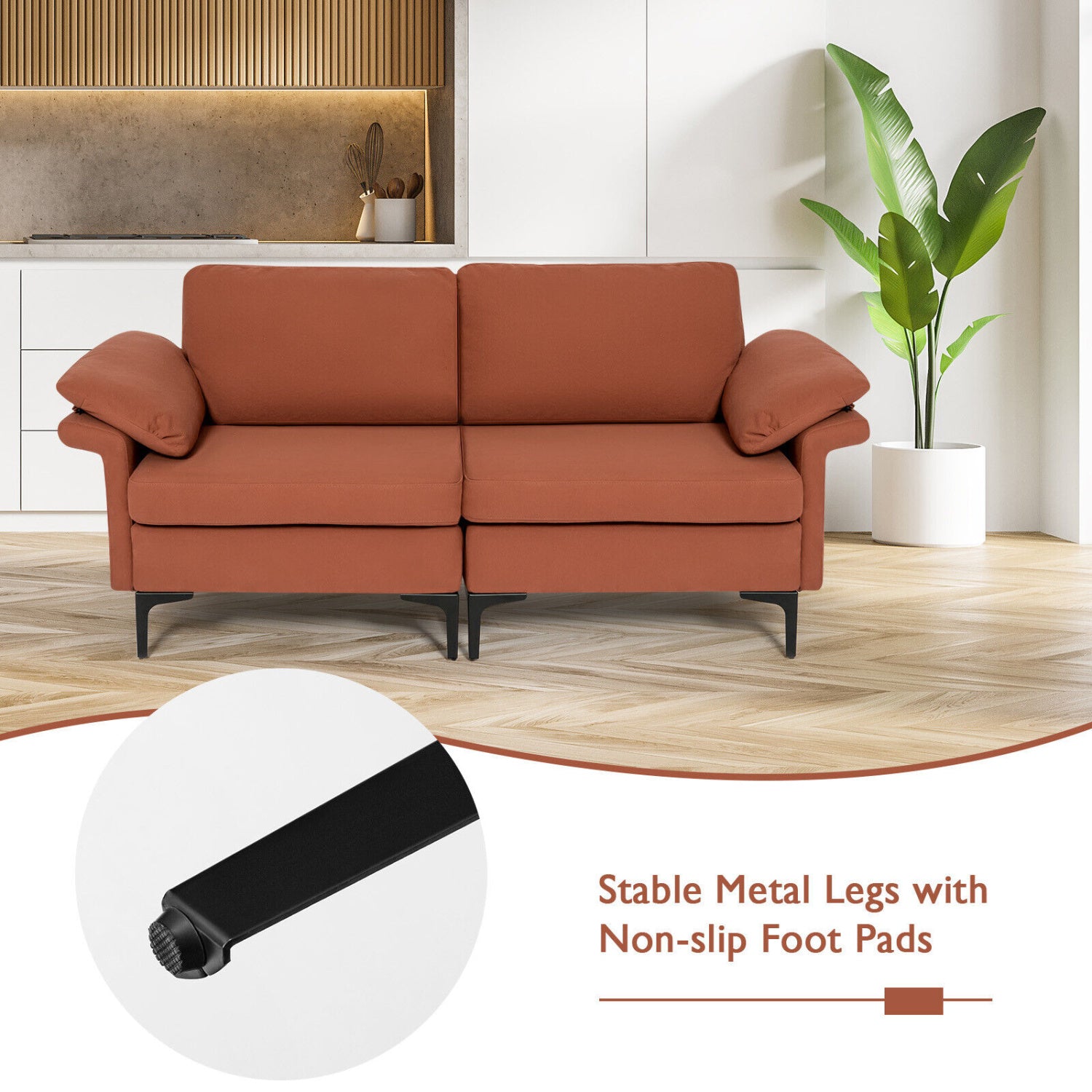 Modern Fabric Loveseat Sofa, Metal Legs, Armrest Pillows, Rust Sofas & Loveseats at Gallery Canada