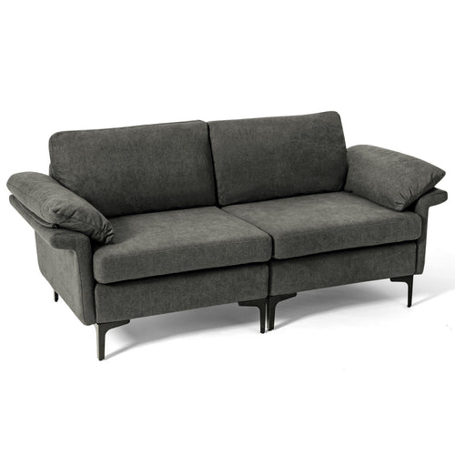 Modern Fabric Loveseat Sofa, With Metal Legs And Armrest Pillows, Gray