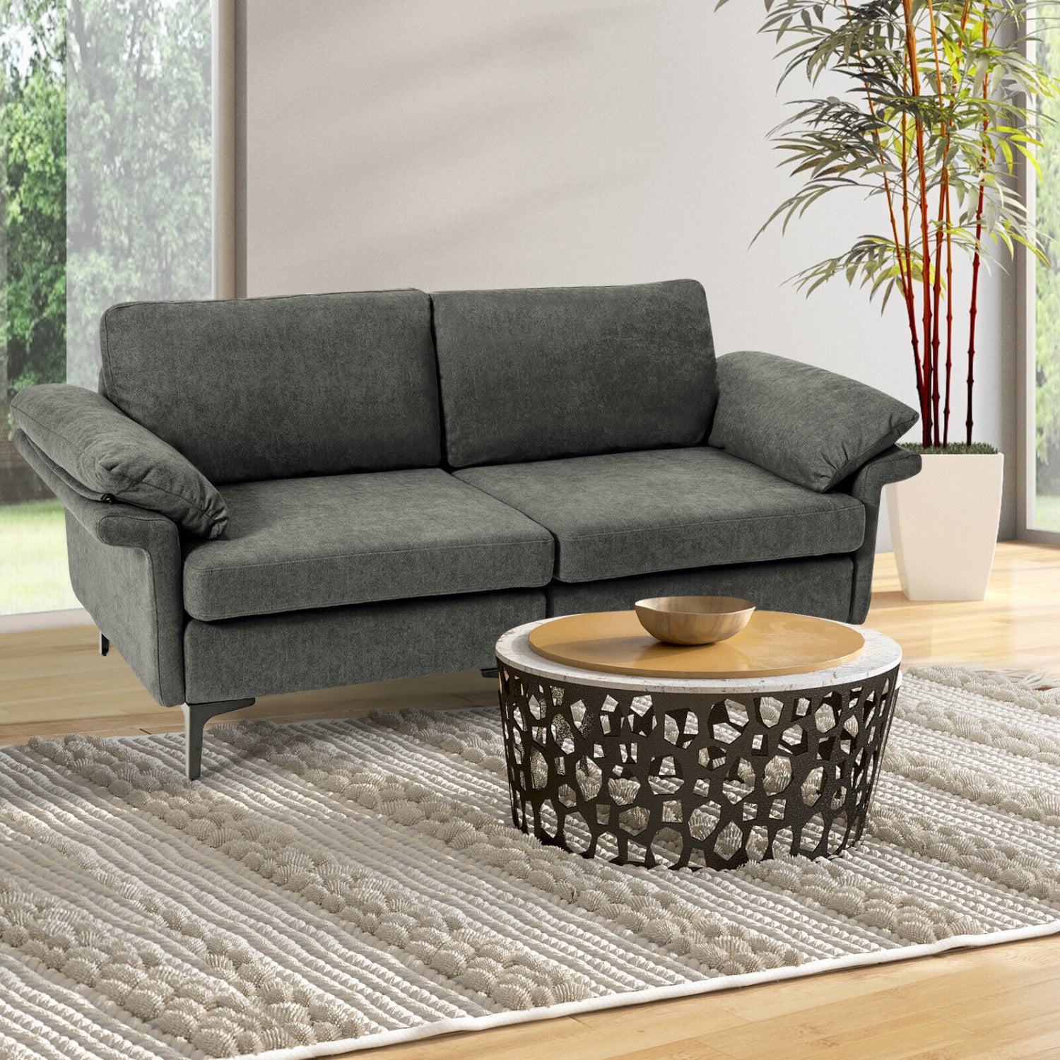 Modern Fabric Loveseat Sofa, With Metal Legs And Armrest Pillows, Gray Sofas & Loveseats at Gallery Canada