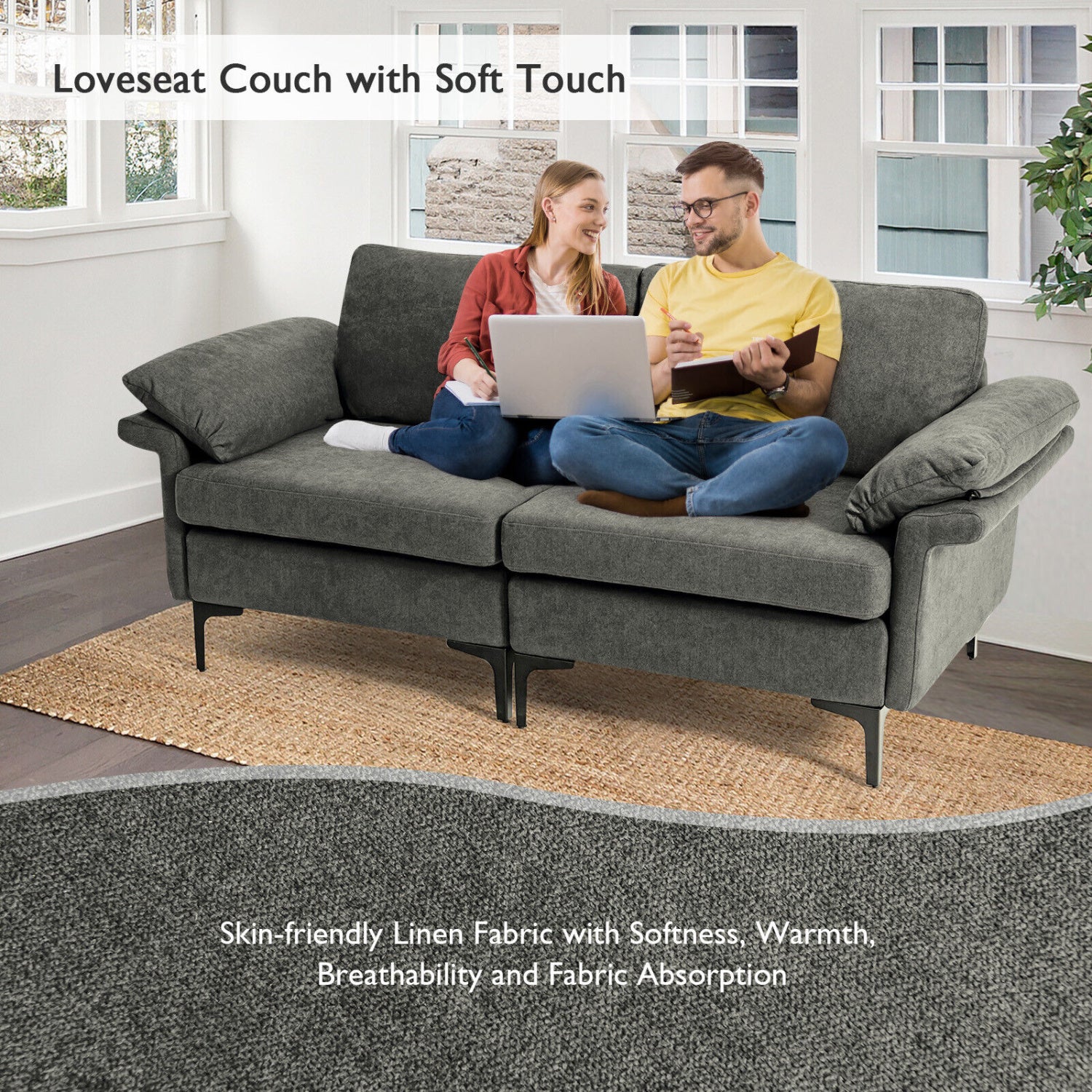 Modern Fabric Loveseat Sofa, With Metal Legs And Armrest Pillows, Gray Sofas & Loveseats at Gallery Canada