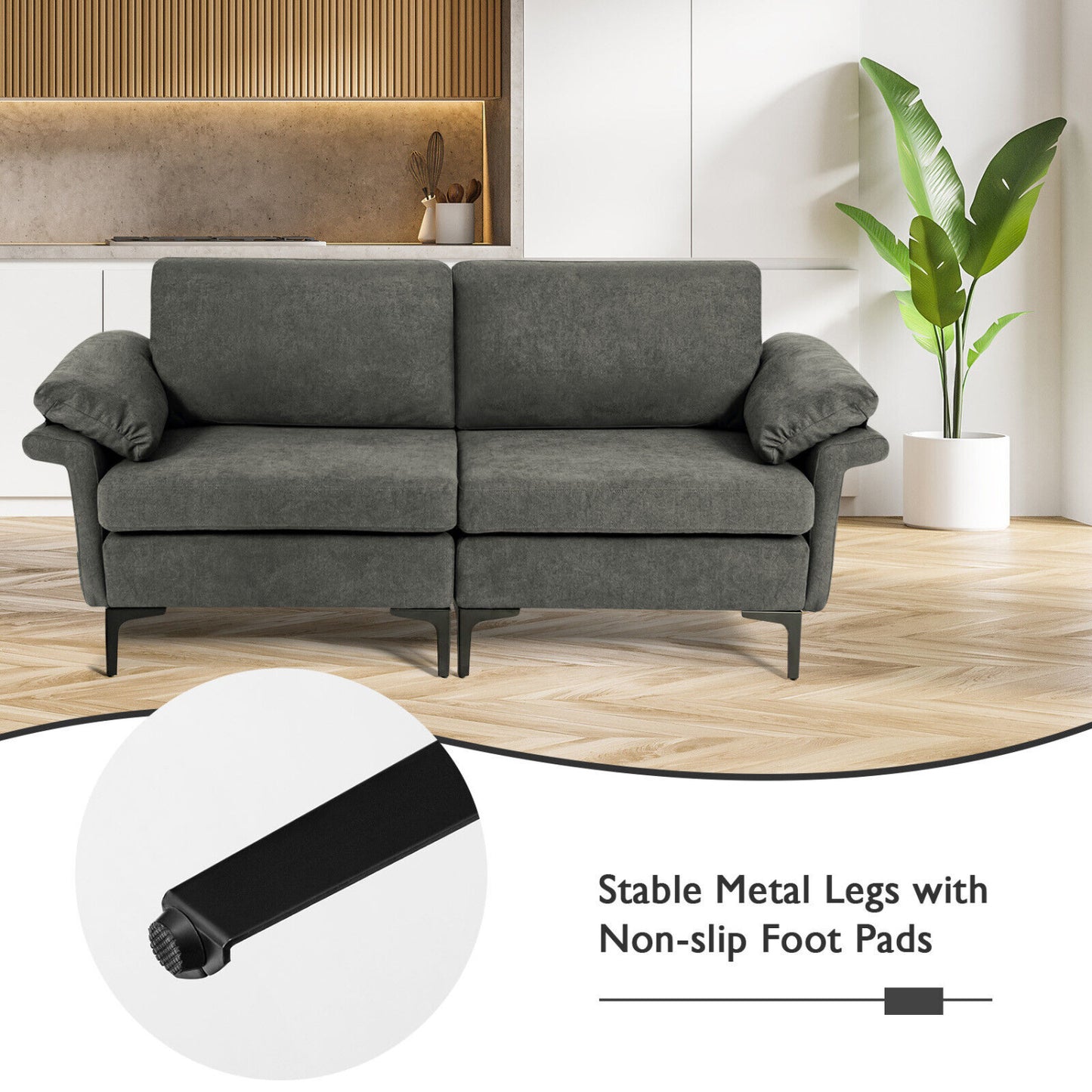 Modern Fabric Loveseat Sofa, With Metal Legs And Armrest Pillows, Gray Sofas & Loveseats at Gallery Canada