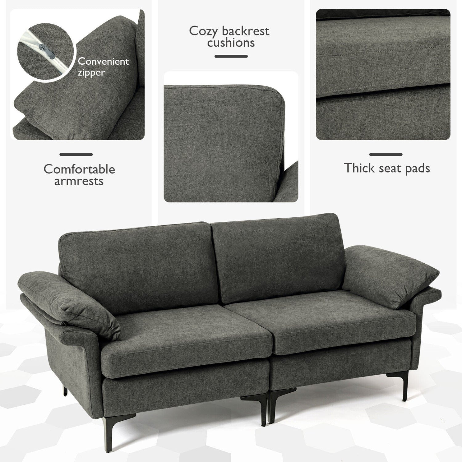 Modern Fabric Loveseat Sofa, With Metal Legs And Armrest Pillows, Gray Sofas & Loveseats at Gallery Canada