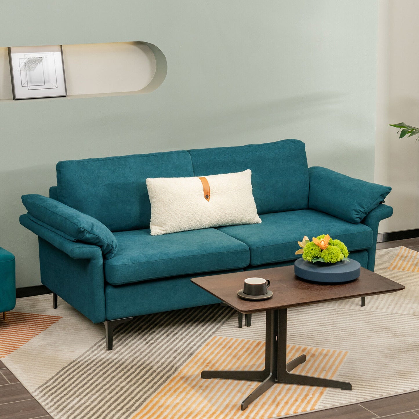 Modern Fabric Loveseat Sofa, Metal Legs, Armrest Pillows, Peacock Blue Sofas & Loveseats at Gallery Canada