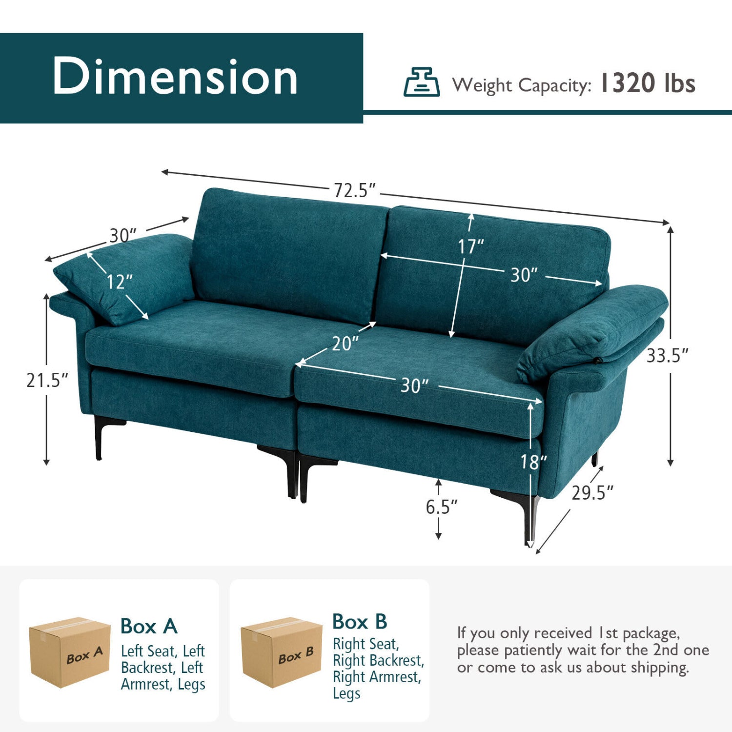 Modern Fabric Loveseat Sofa, Metal Legs, Armrest Pillows, Peacock Blue Sofas & Loveseats at Gallery Canada