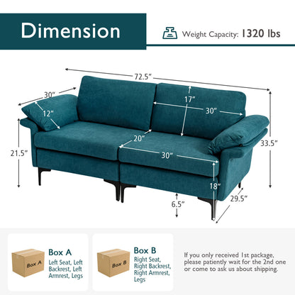 Modern Fabric Loveseat Sofa, Metal Legs, Armrest Pillows, Peacock Blue Sofas & Loveseats at Gallery Canada