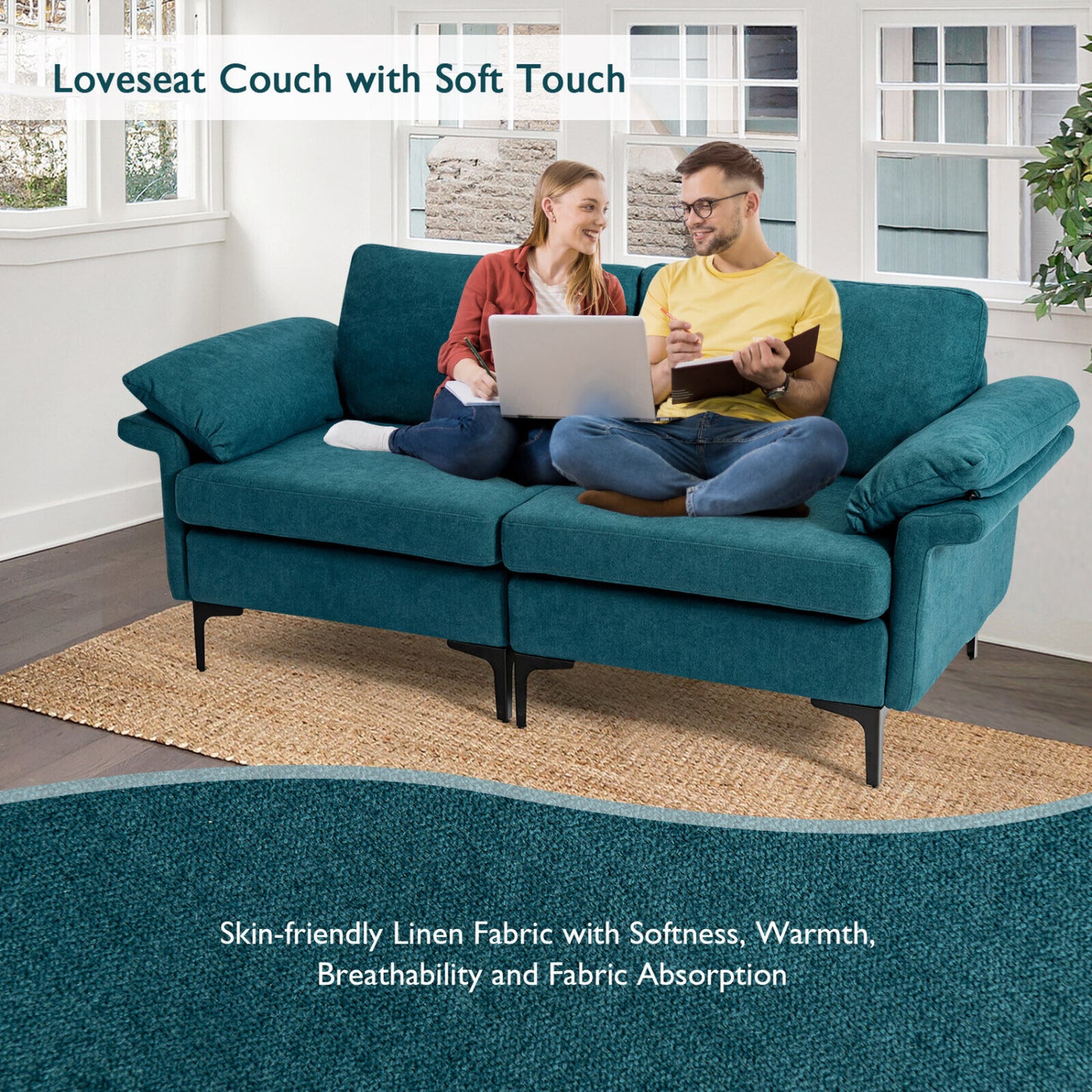 Modern Fabric Loveseat Sofa, Metal Legs, Armrest Pillows, Peacock Blue Sofas & Loveseats at Gallery Canada
