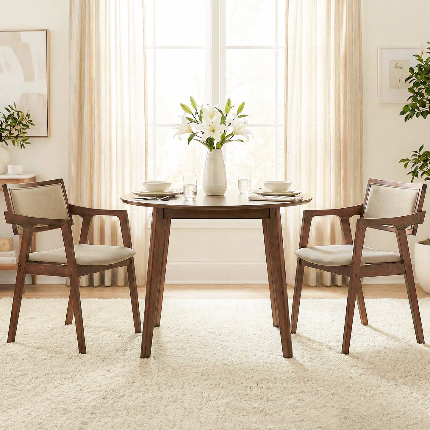 Modern Fabric Upholstered Rubber Wood Dining Chairs Set of 2 with Arms, Beige Dining Chairs at Gallery Canada
