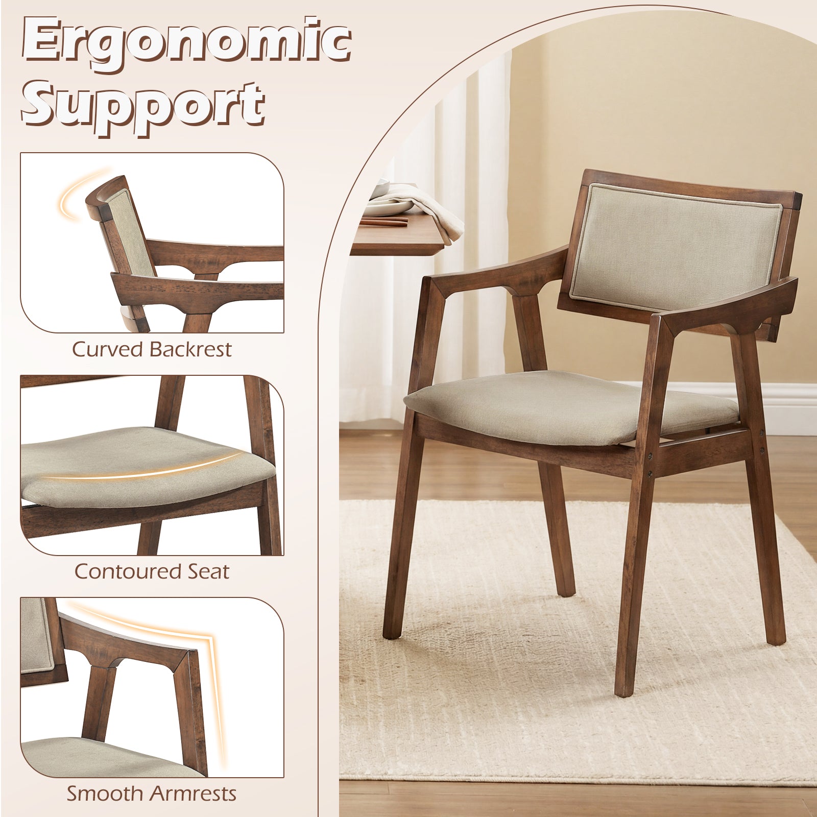 Modern Fabric Upholstered Rubber Wood Dining Chairs Set of 2 with Arms, Beige Dining Chairs at Gallery Canada