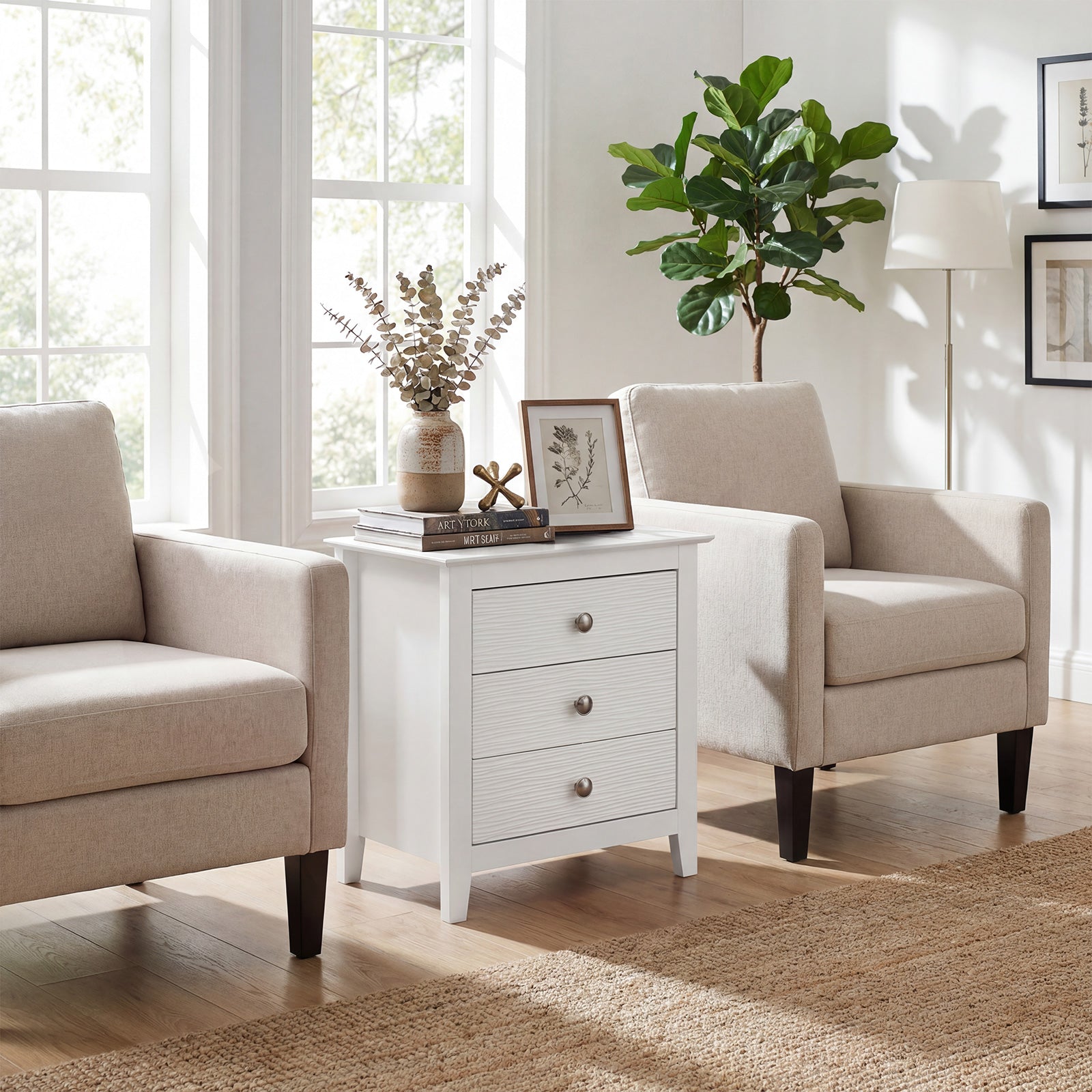 Modern Farmhouse 3-Drawer Nightstand, Wood Grain Accents, White Nightstands at Gallery Canada