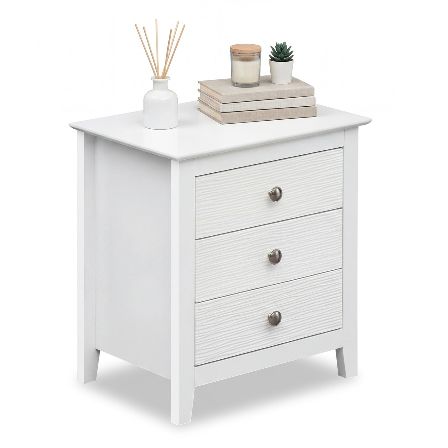Modern Farmhouse 3-Drawer Nightstand, Wood Grain Accents, White Nightstands at Gallery Canada
