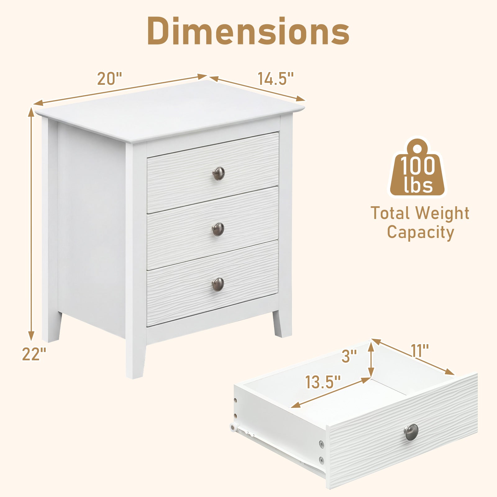Modern Farmhouse 3-Drawer Nightstand, Wood Grain Accents, White Nightstands at Gallery Canada