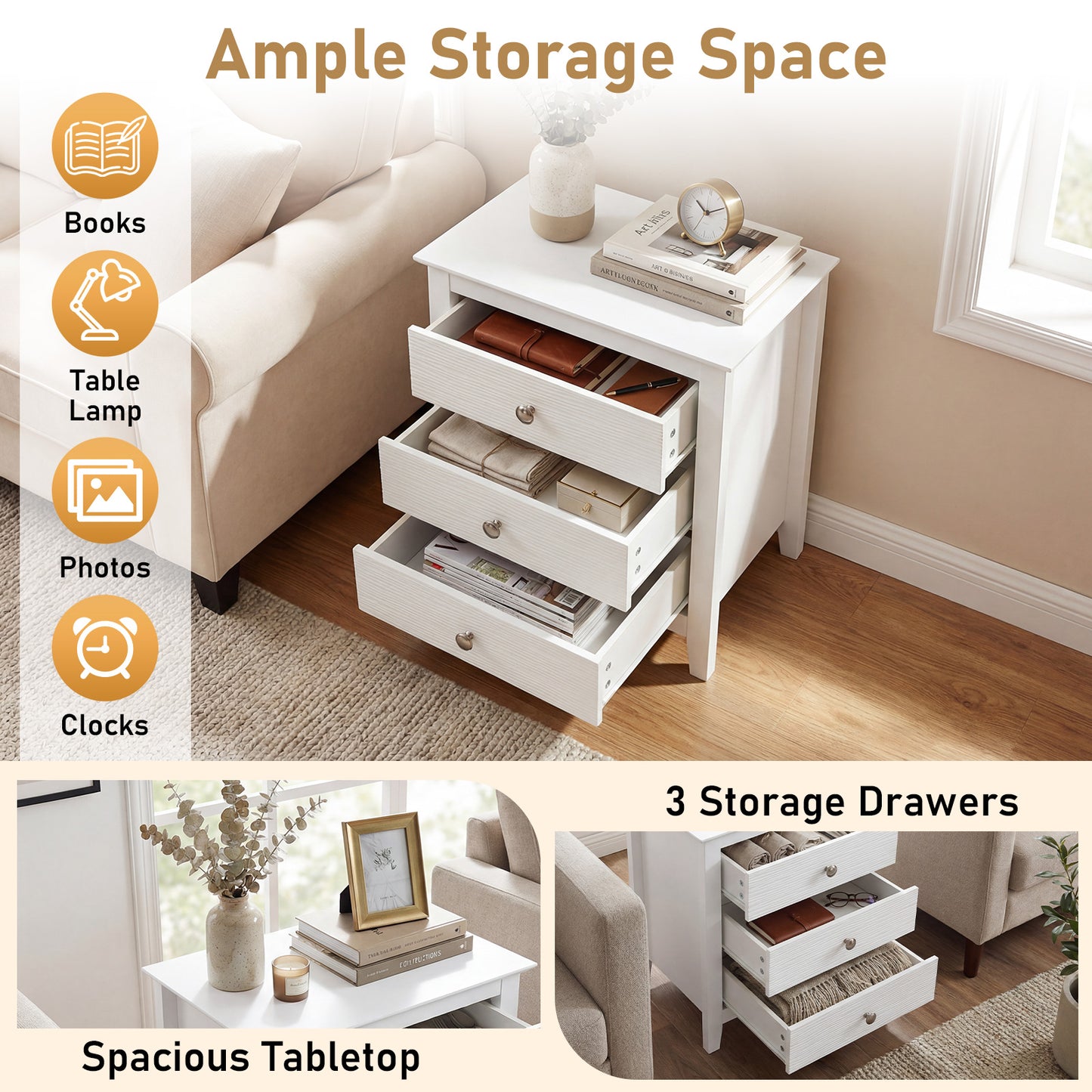 Modern Farmhouse 3-Drawer Nightstand, Wood Grain Accents, White Nightstands at Gallery Canada
