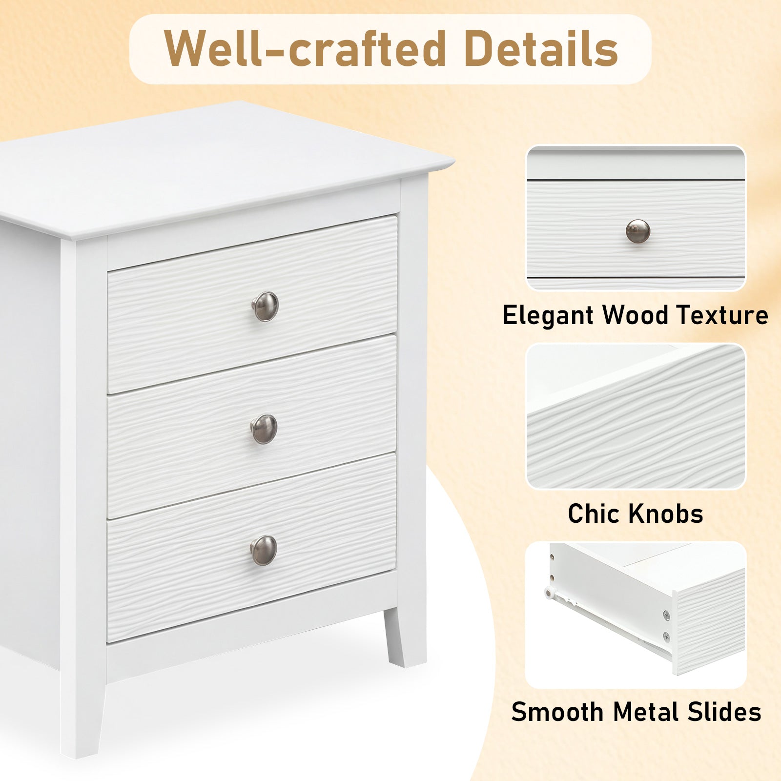 Modern Farmhouse 3-Drawer Nightstand, Wood Grain Accents, White Nightstands at Gallery Canada