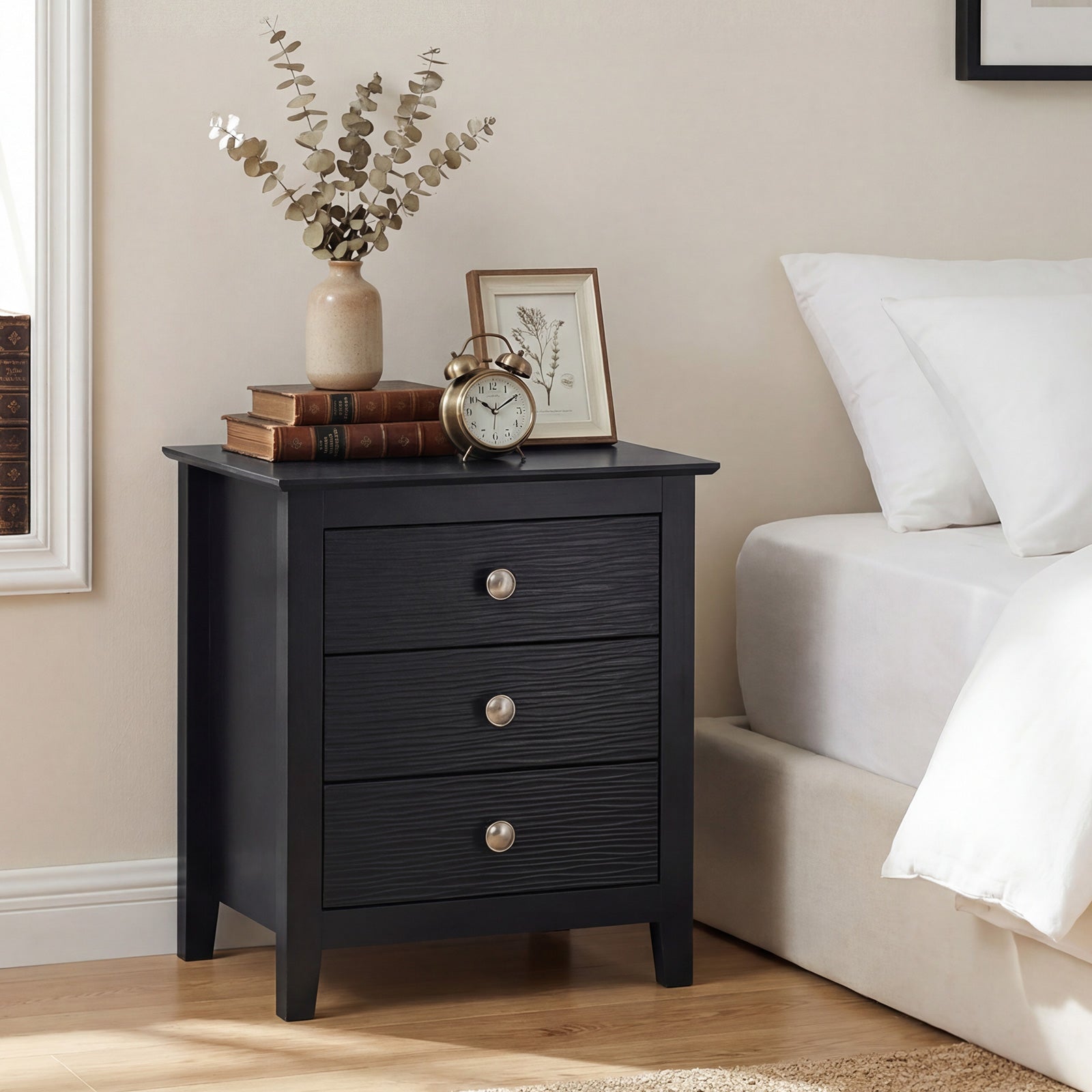 Modern Farmhouse 3-Drawer Nightstand, Wood Grain Accents, Black Nightstands at Gallery Canada