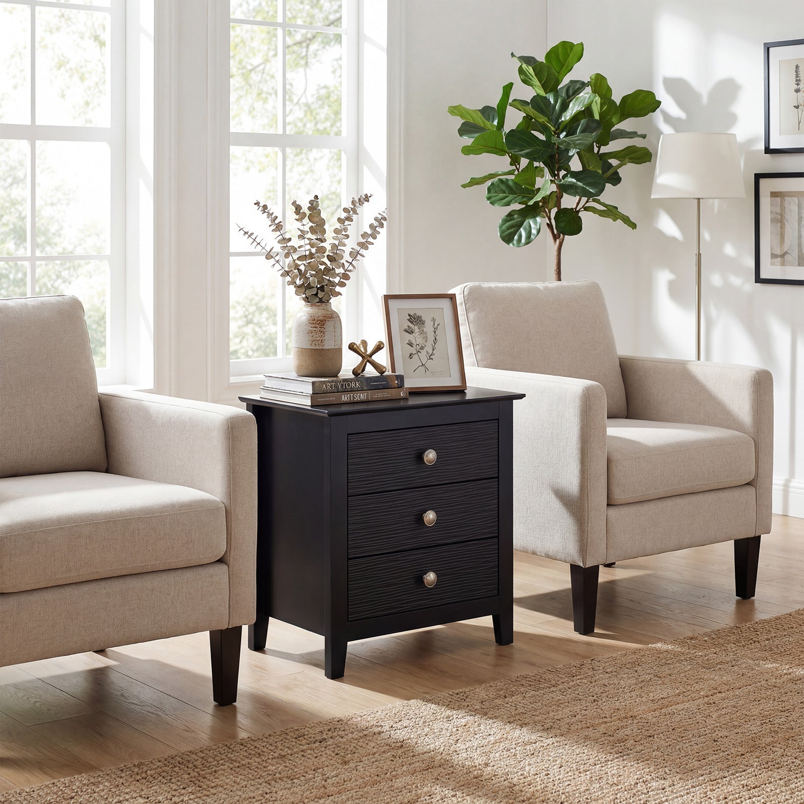 Modern Farmhouse 3-Drawer Nightstand, Wood Grain Accents, Black Nightstands at Gallery Canada