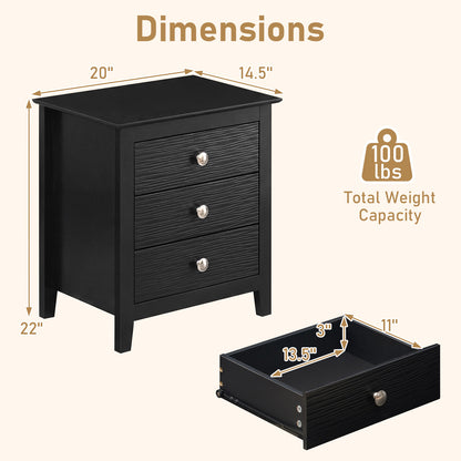 Modern Farmhouse 3-Drawer Nightstand, Wood Grain Accents, Black Nightstands at Gallery Canada