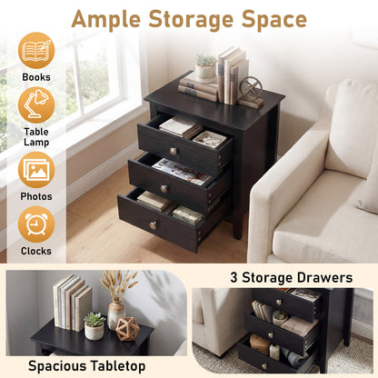 Modern Farmhouse 3-Drawer Nightstand, Wood Grain Accents, Black Nightstands at Gallery Canada